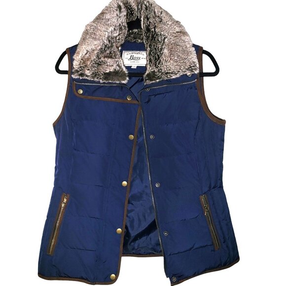 G.H. Bass & Co. | Faux Fur Trim Navy Blue, Brown Outline Puffer Vest - Picture 3 of 15